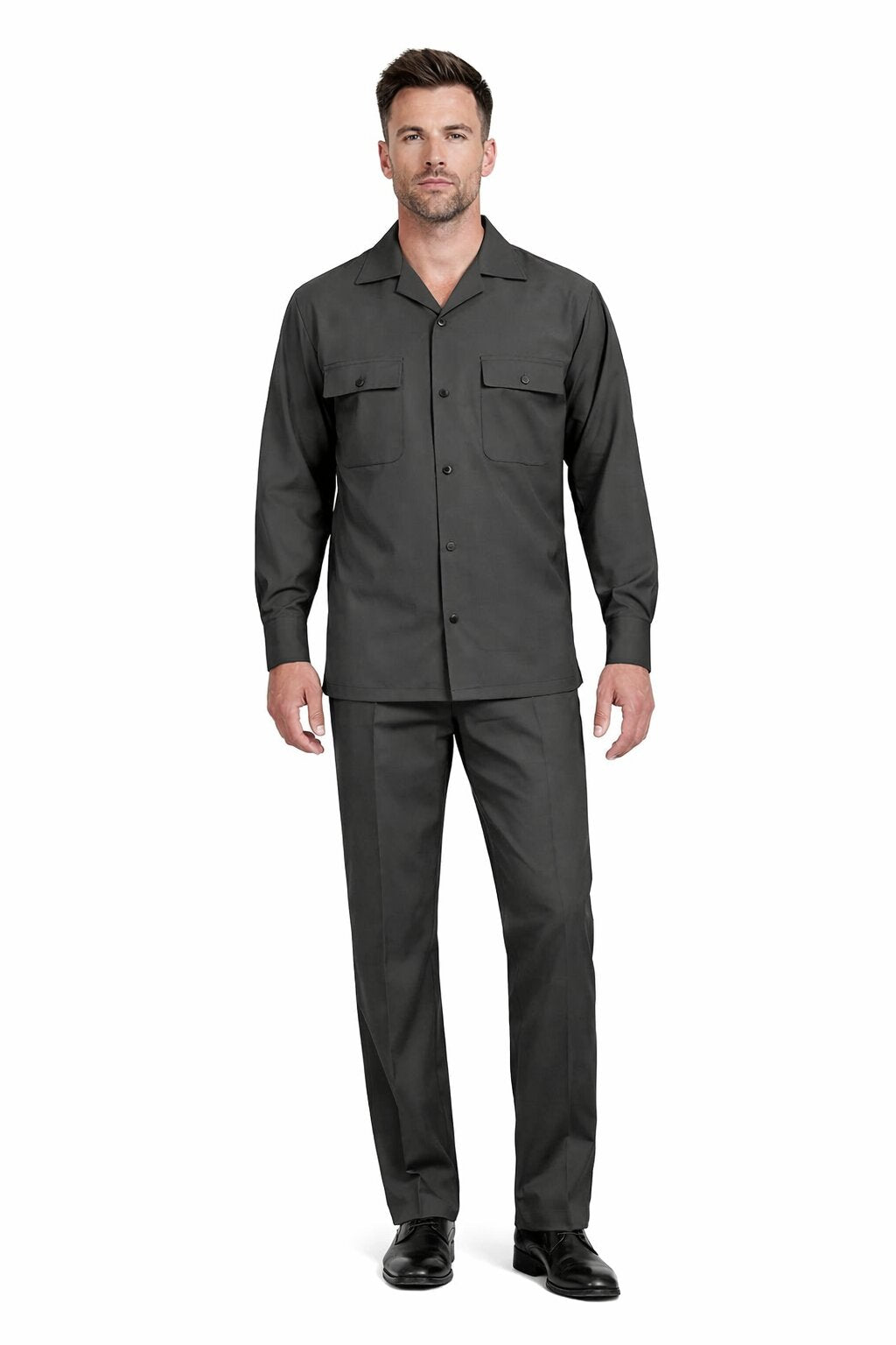 Mens Luxury Charcoal Grey Wool Two-Piece Leisure Walking Suit