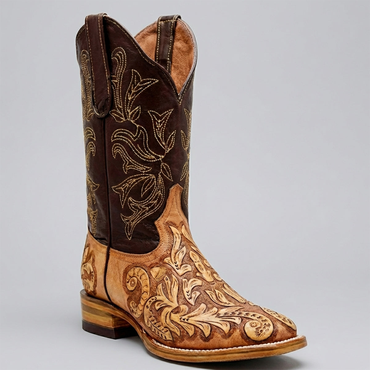 Mens White Diamond Boot Men's Natural Hand-Tooled Western Boots Square Toe