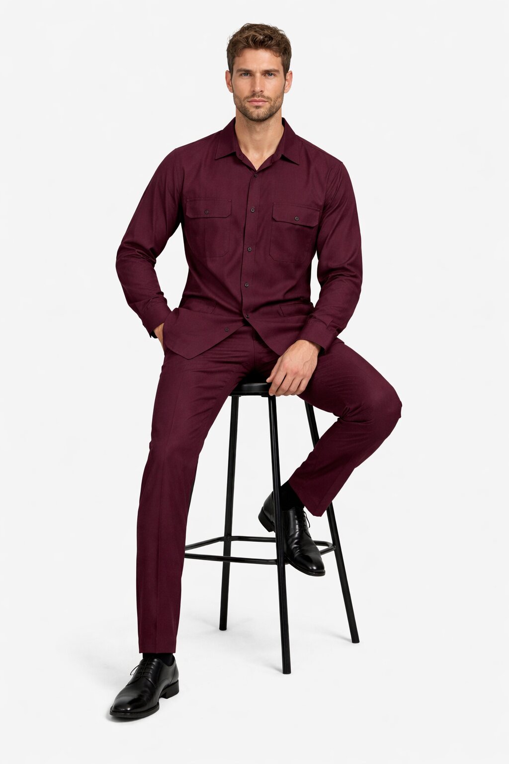 Mens Luxury Burgundy Wool Two-Piece Leisure Walking Suit
