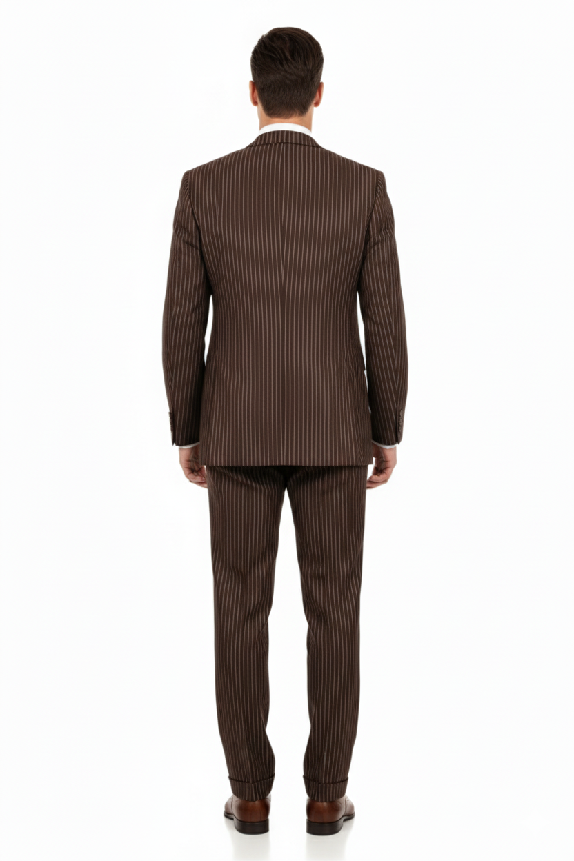 Mens Brown Pinstripe 3-Piece Suit Classic Business and Formal Wear with Vest