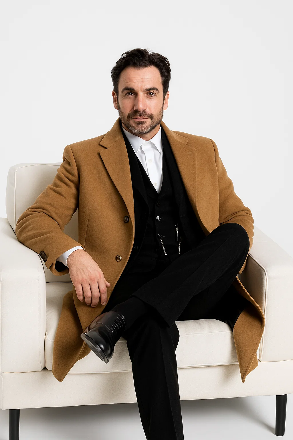Mens Camel Overcoat Classic Single Breasted Wool Long Coat with Peak Lapel