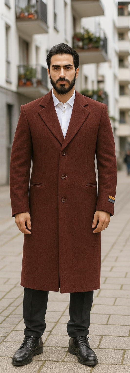 Men's Dress Coat Full Length Wool Dress Top Coat / Overcoat in Burgundy Overcoat