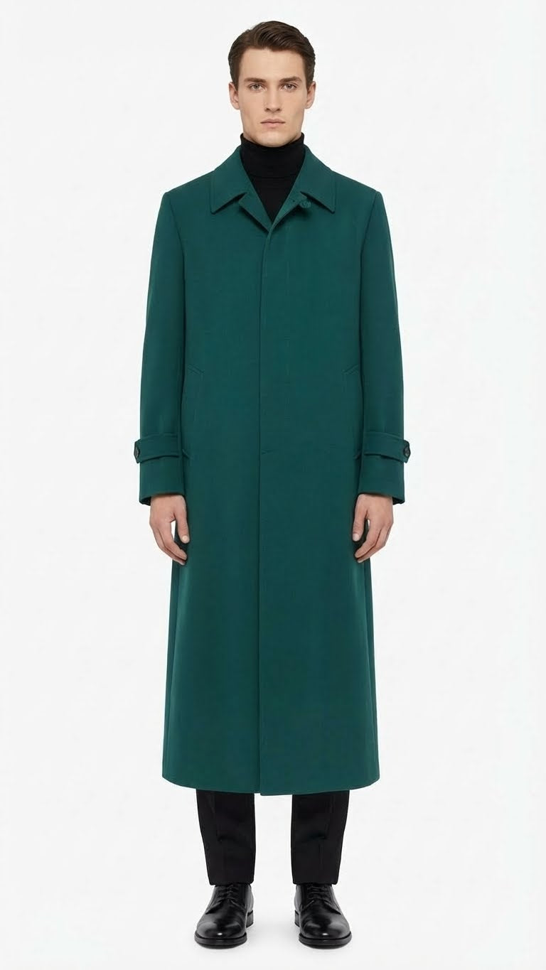 Mens Full-Length Green Overcoat Microfiber Blend for Winter Maxi Duster Coat