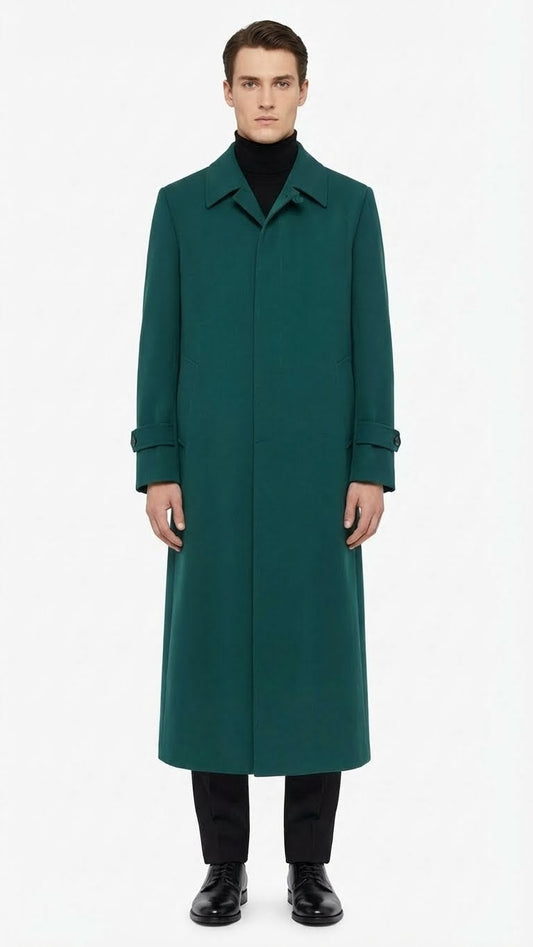 Mens Full-Length Green Overcoat Microfiber Blend for Winter Maxi Duster Coat