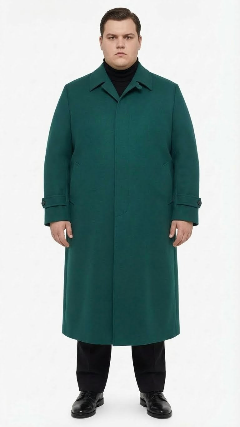 Mens Full-Length Green Overcoat Microfiber Blend for Winter Maxi Duster Coat