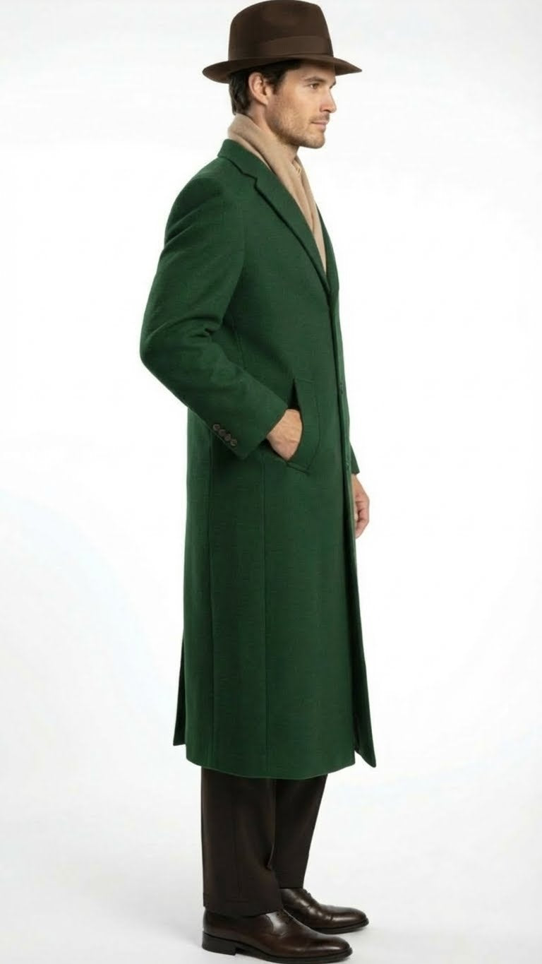 Mens Hunter Green Full-Length Wool Overcoat Classic Winter Dress Coat for Formal and Everyday Wear