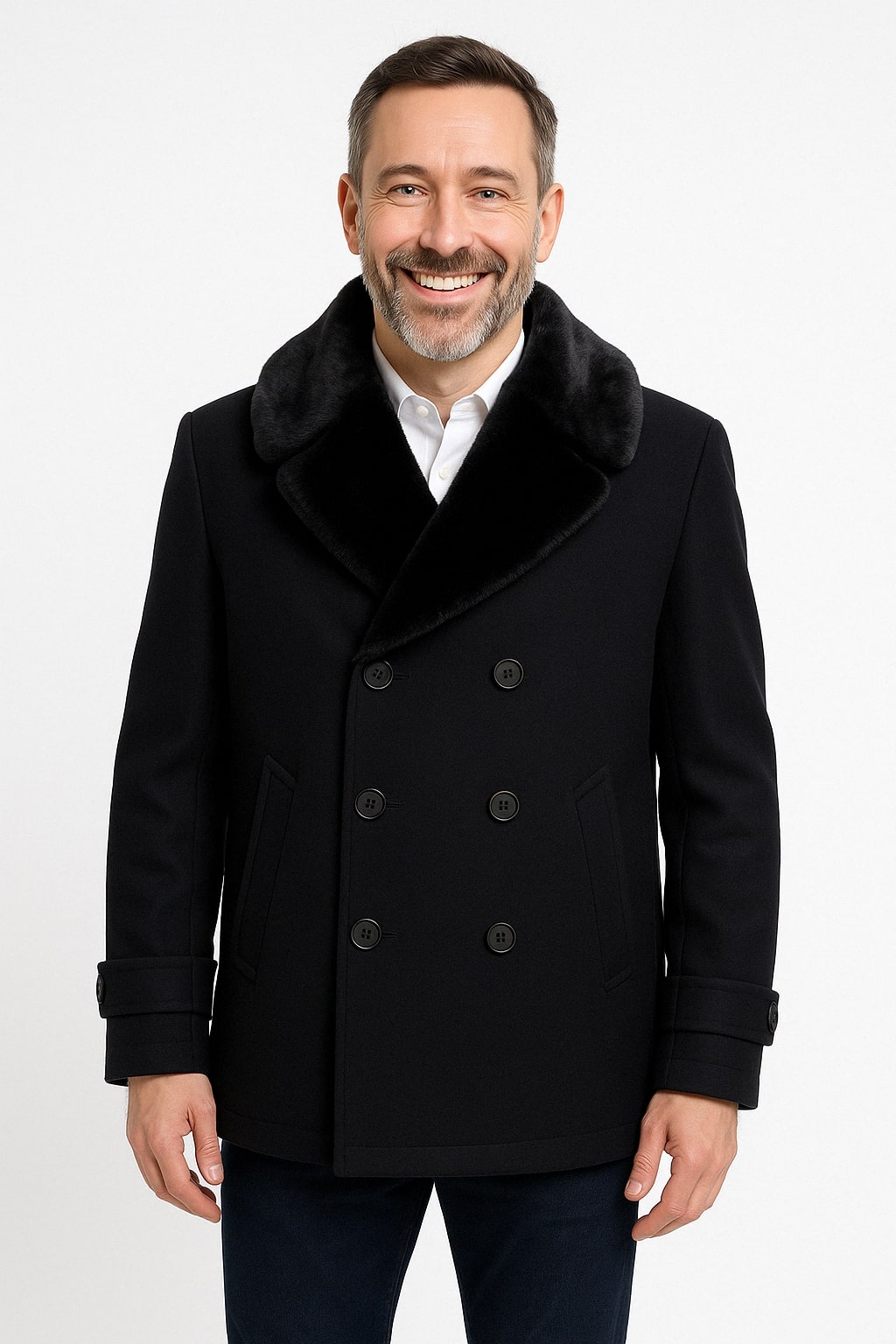 Mens Black Peacoat Wool Overcoat with Faux Fur Shawl Collar â€“ Double-Breasted Winter Peacoat