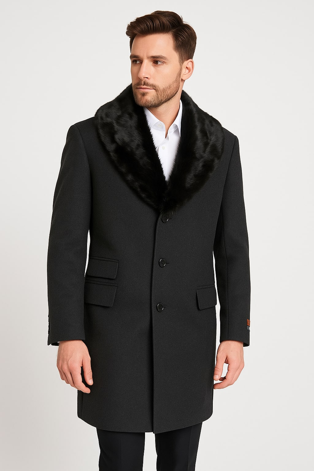 Mens Black Wool Overcoat with Black Faux Fur Collar â€“ Luxury Winter Dress Coat