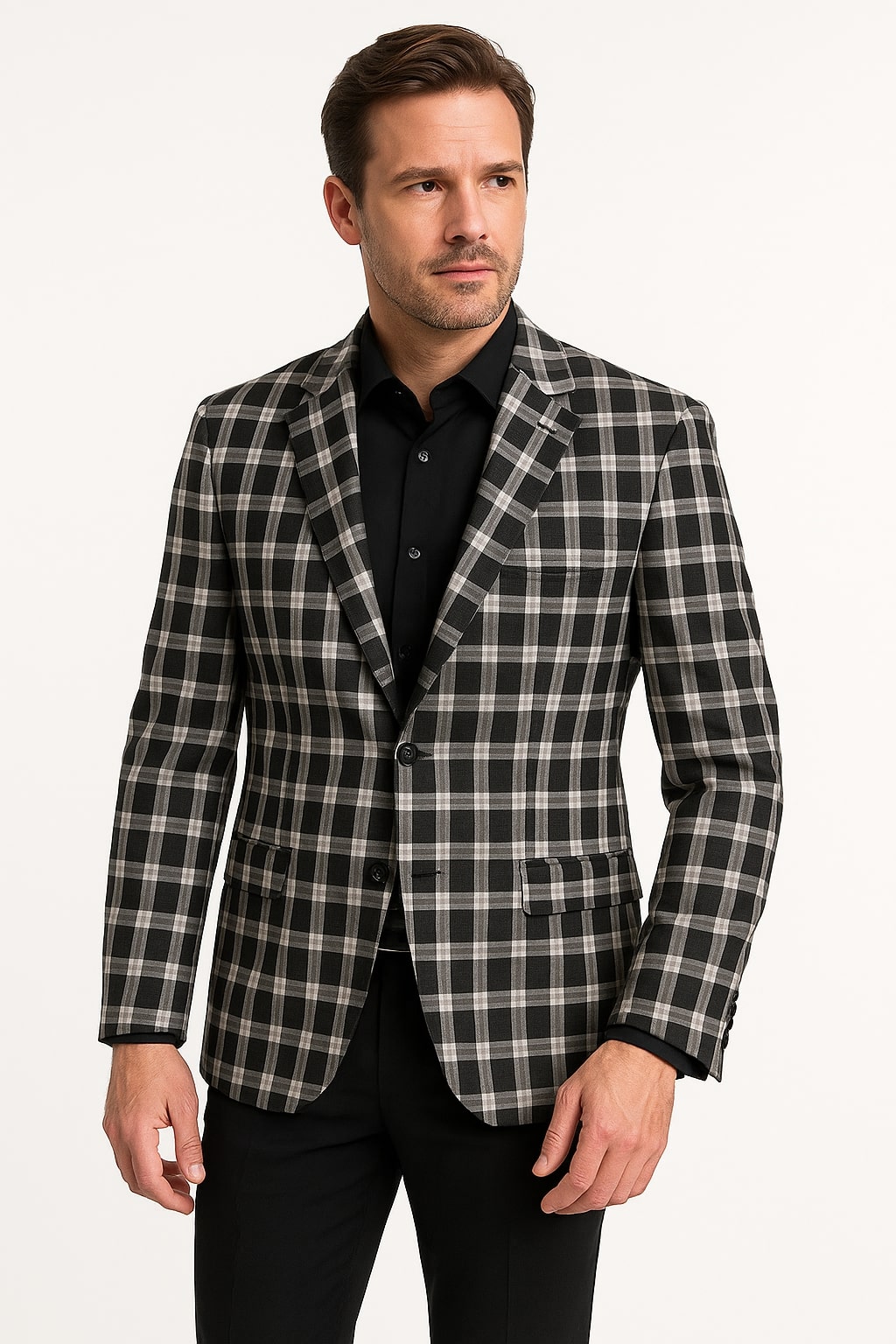 Mens Black and White Plaid Blazer Modern Fit Checkered Windowpane Pattern Business Sport Coat