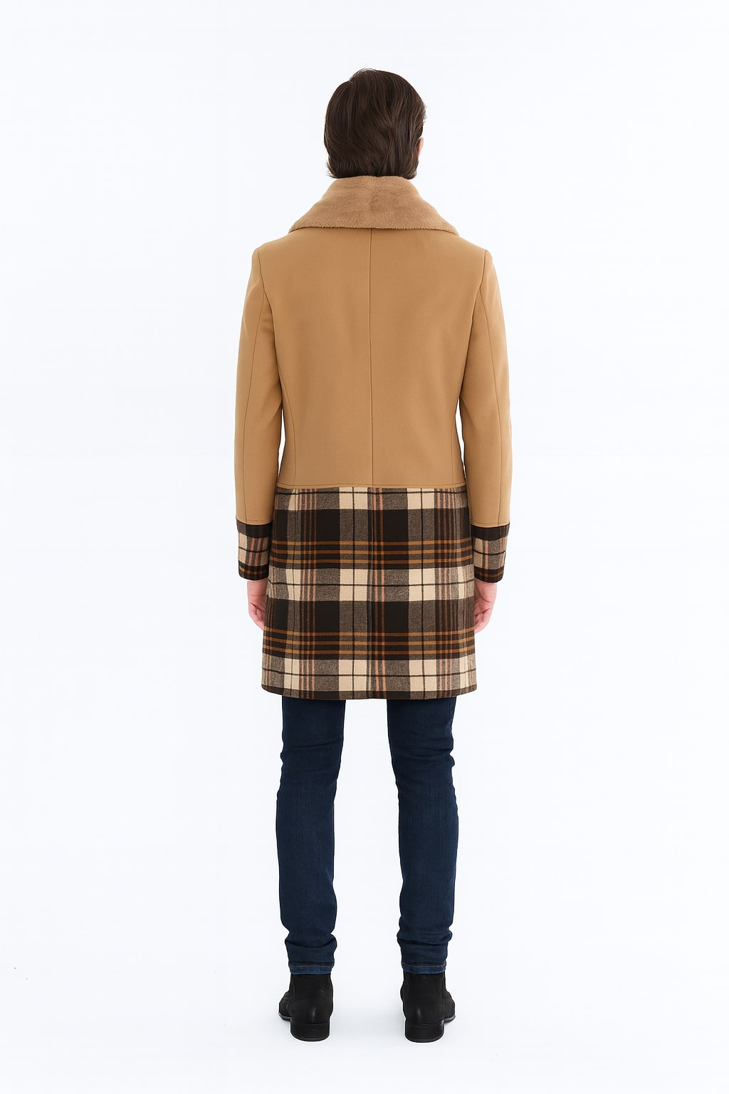 Mens Camel Brown Shawl Collar Overcoat with Plaid Wool Bottom â€“ Double-Breasted Winter Topcoat With Fur Collar