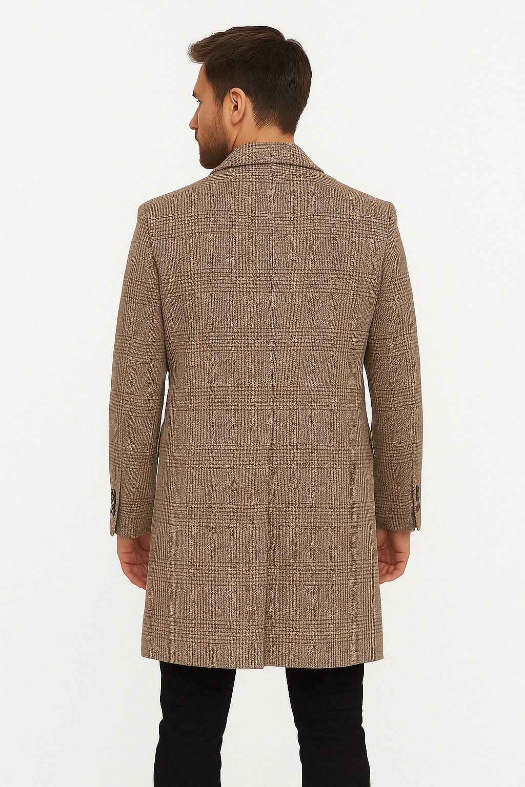 Mens Gray and Light Brown Glen Plaid Wool Overcoat Double-Breasted Vintage Check Coat