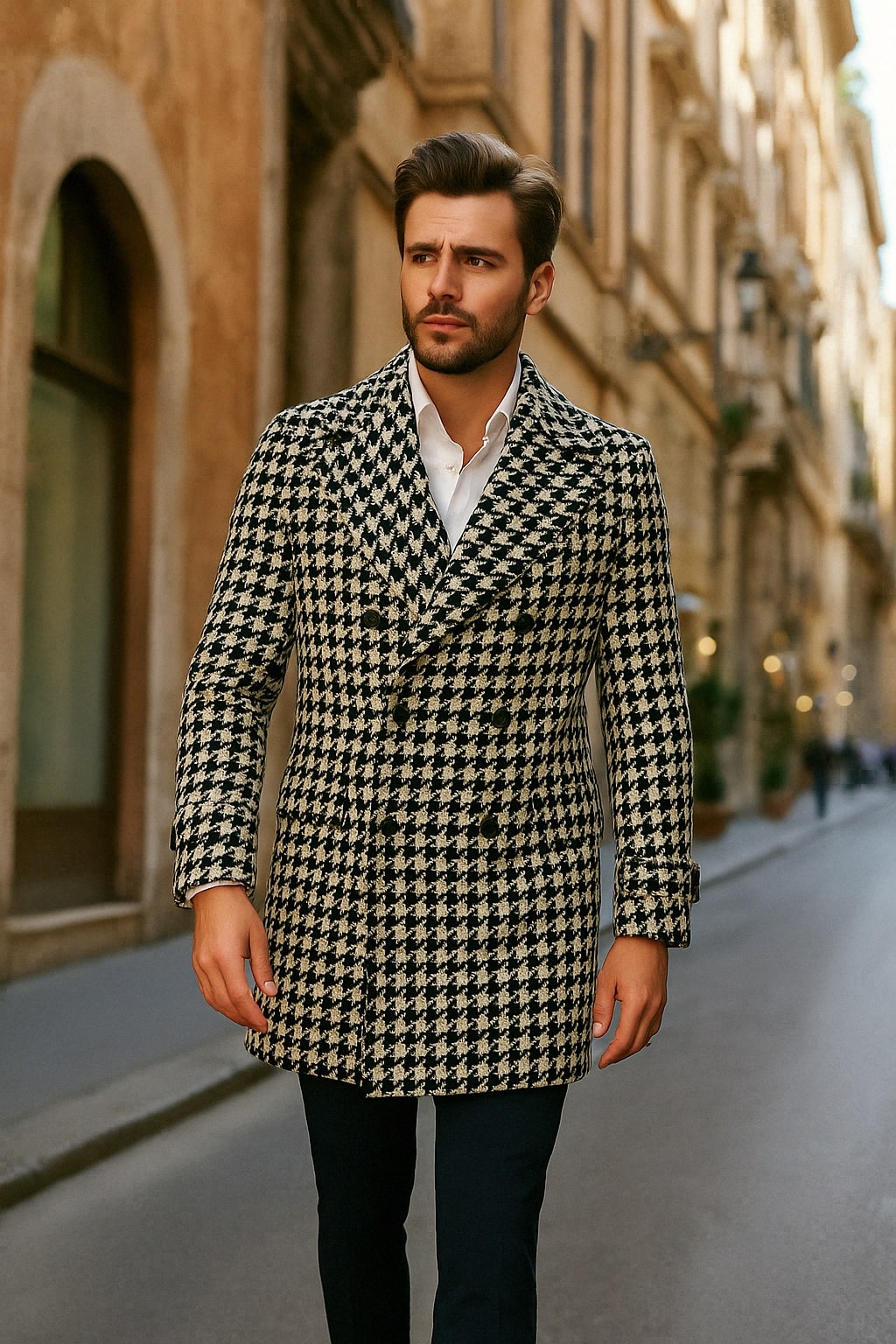 Mens Houndstooth Double-Breasted Wool Peacoat Black and White Wool  Short Coat Slim Fit