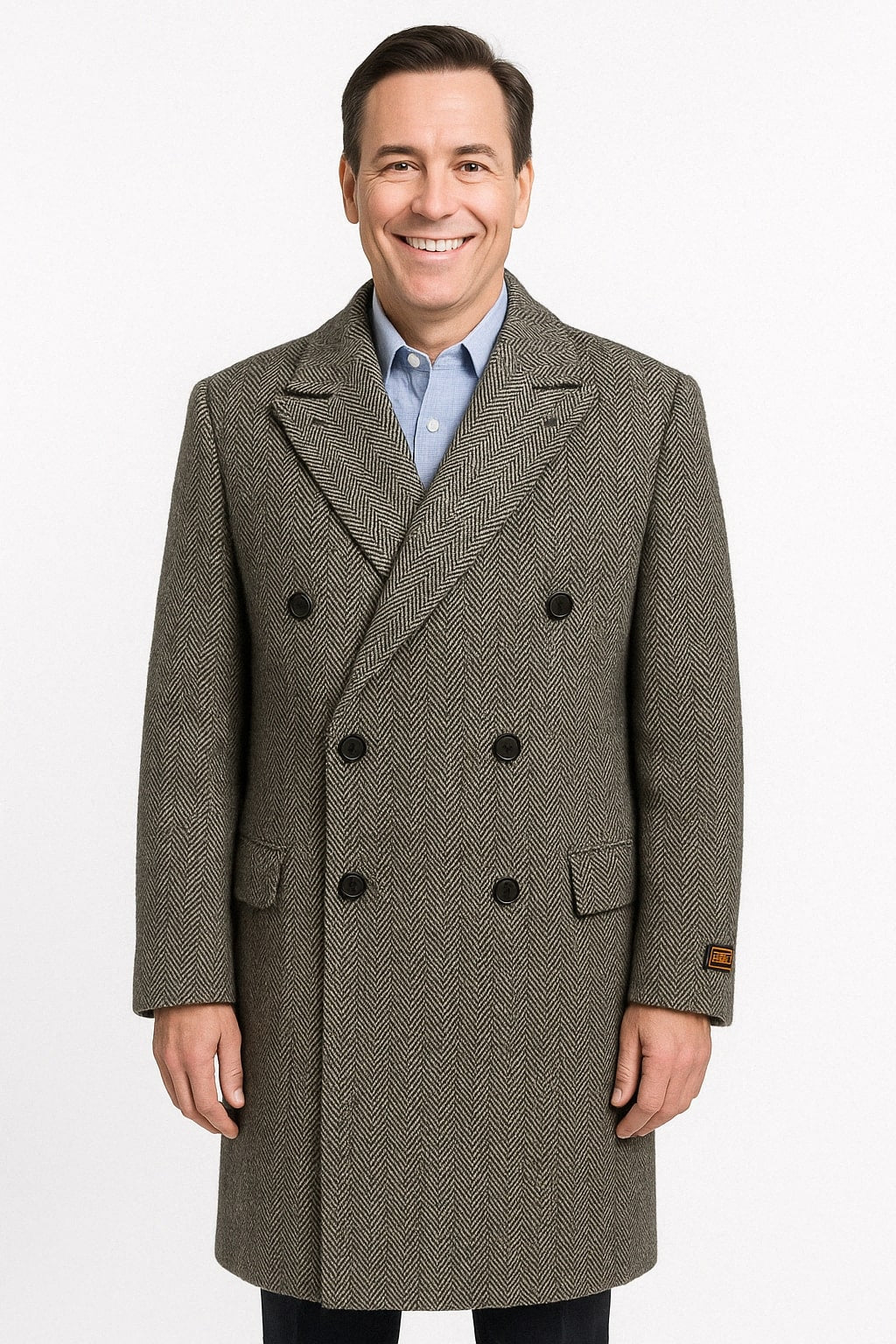Mens Long Herringbone Wool Overcoat â€“ Classic Double-Breasted Winter Topcoat