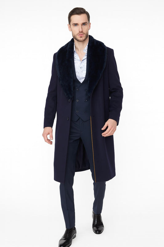 Mens Navy Blue Overcoat with Faux Fur Collar Luxury Long Winter Coat for Formal and Casual Wear Topcoat