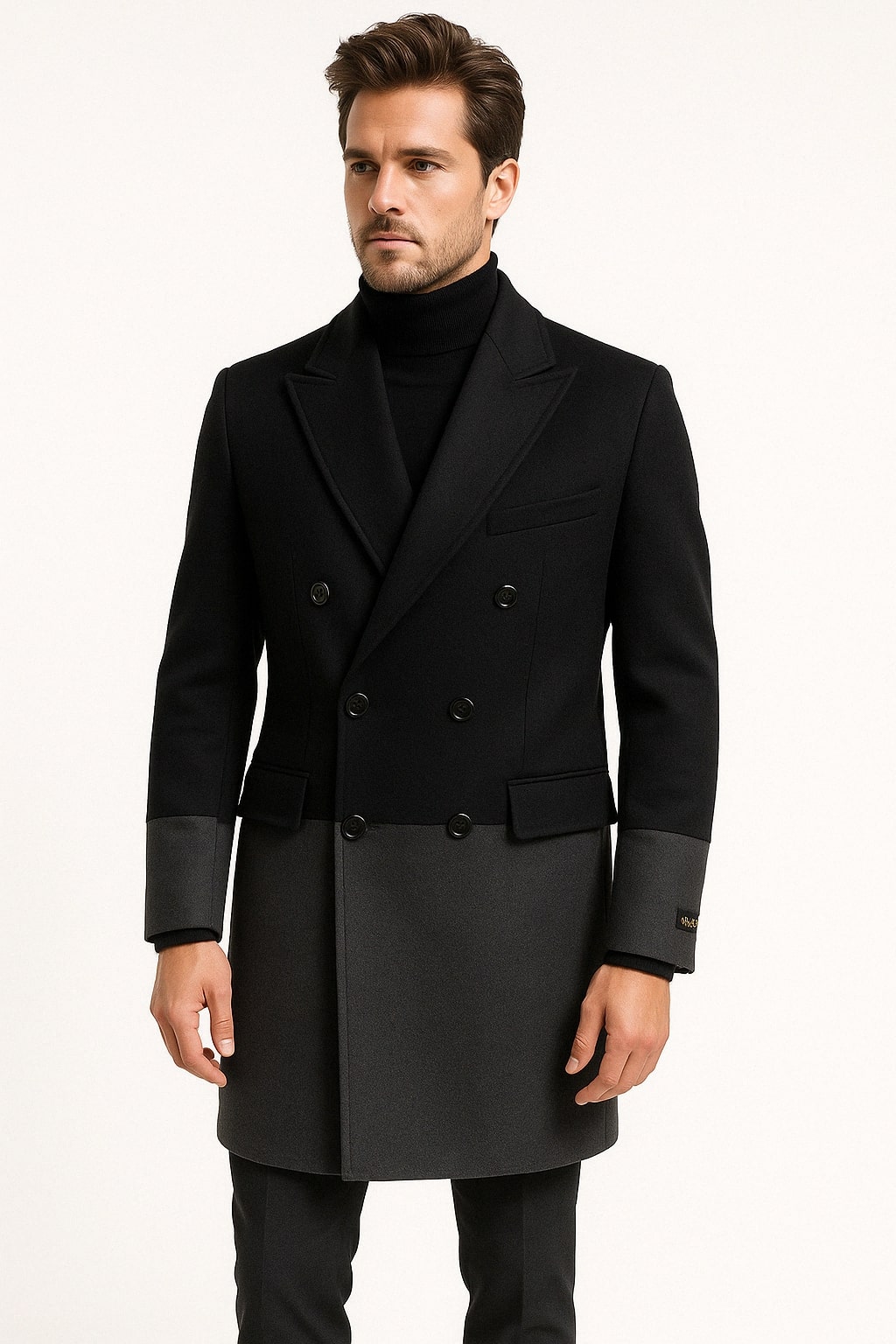 Mens Two-Tone Double-Breasted Overcoat in Black and Charcoal Gray Wool Fabric Topcoat