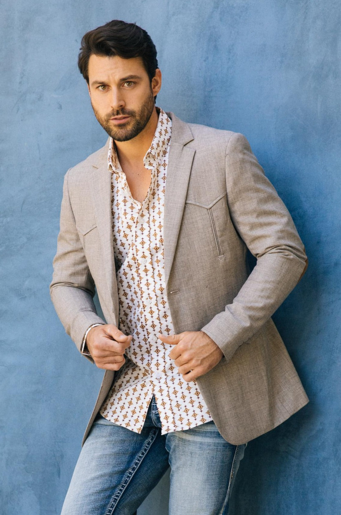 Men’s Heather Beige Cowboy Sport Coat – Classic Elbow Patch Jacket