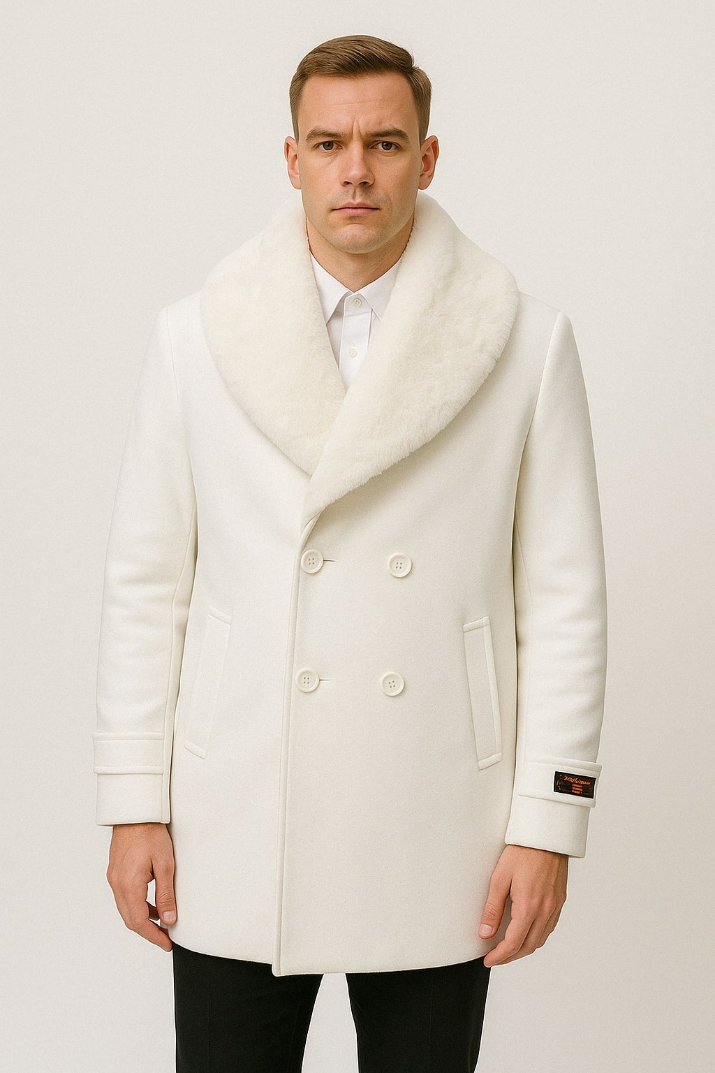 Mens White Peacoat Double-Breasted Overcoat with Faux Fur Shawl Collar â€“ Alberto Nardoni Collection Wool Fabric