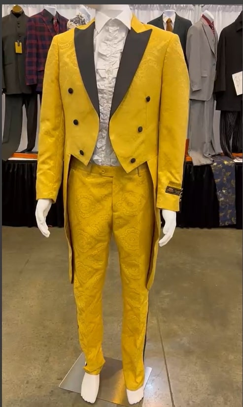 Mens Yellow Tailcoat Tuxedo with Black Lapel and Brocade Detailing Formal Vintage Style Suit