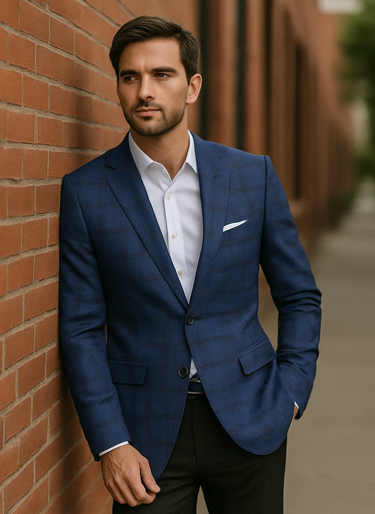 Mens Blue And Black Plaid Sport Coat