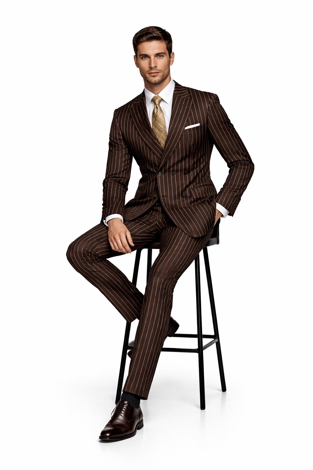 Men's Designer Double Breasted Wool Suit in Bold Brown Gangster Pinstripe.