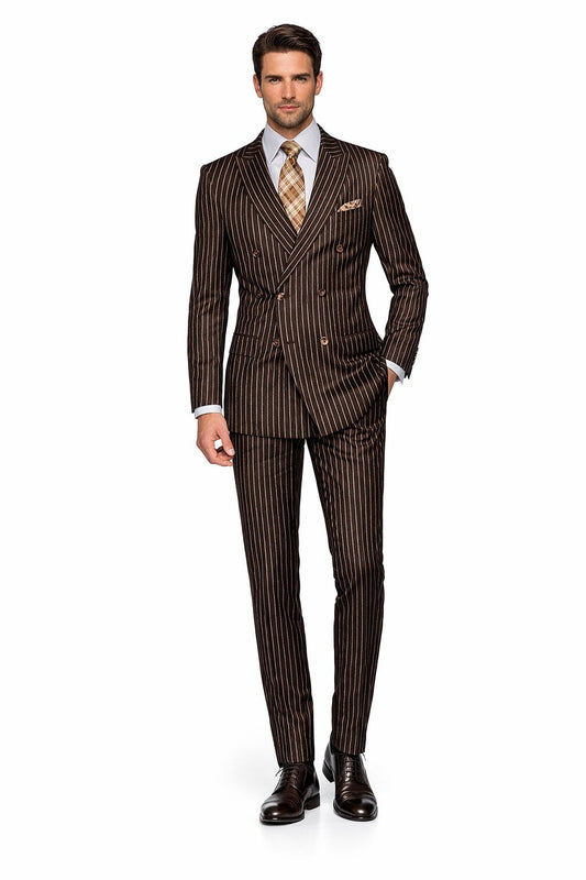 Men's Designer Double Breasted Wool Suit in Bold Brown Gangster Pinstripe.