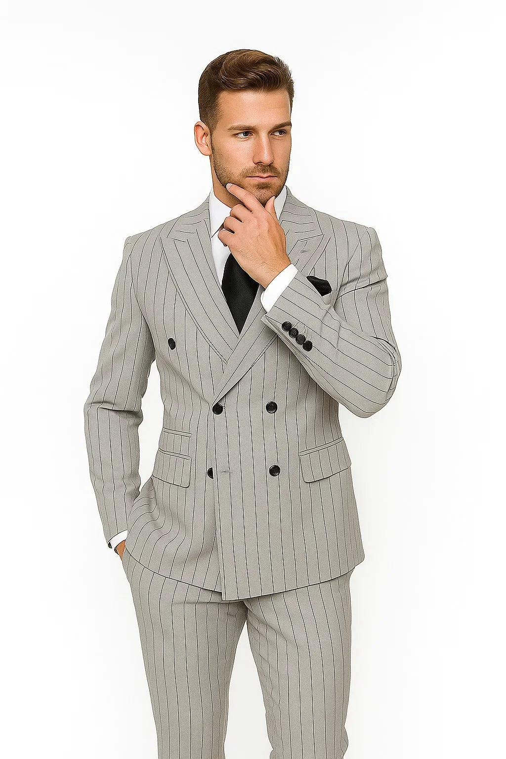 Gray and Black Pinstripe Double Breasted - Modern Fit 1920s Vintage Looking Suit