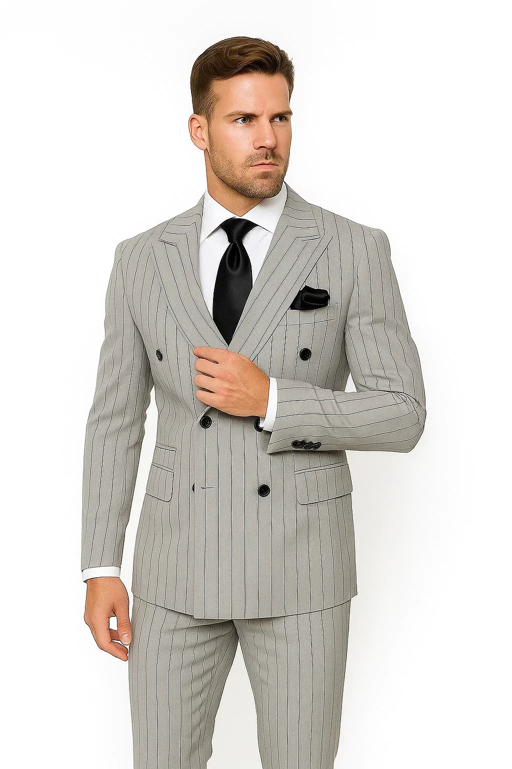 Gray and Black Pinstripe Double Breasted - Modern Fit 1920s Vintage Looking Suit