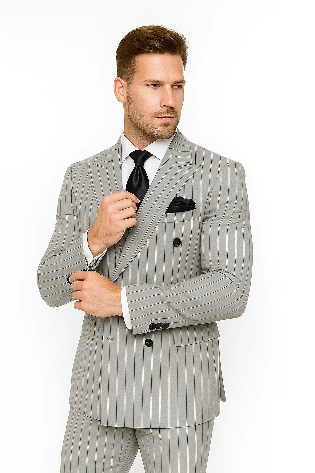 Gray and Black Pinstripe Double Breasted - Modern Fit 1920s Vintage Looking Suit