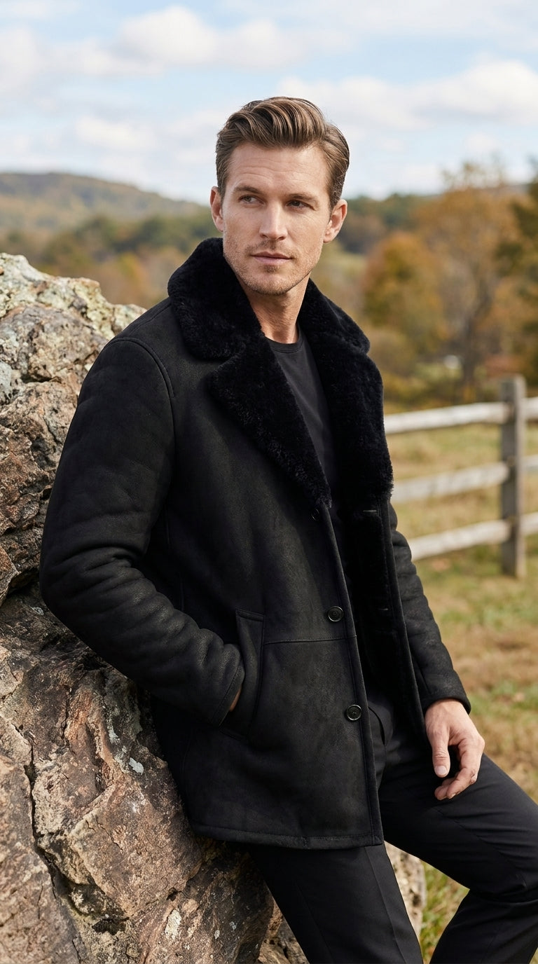 Men’s Black Shearling Jacket with Faux Fur Collar, Western Winter Coat for Casual Wear