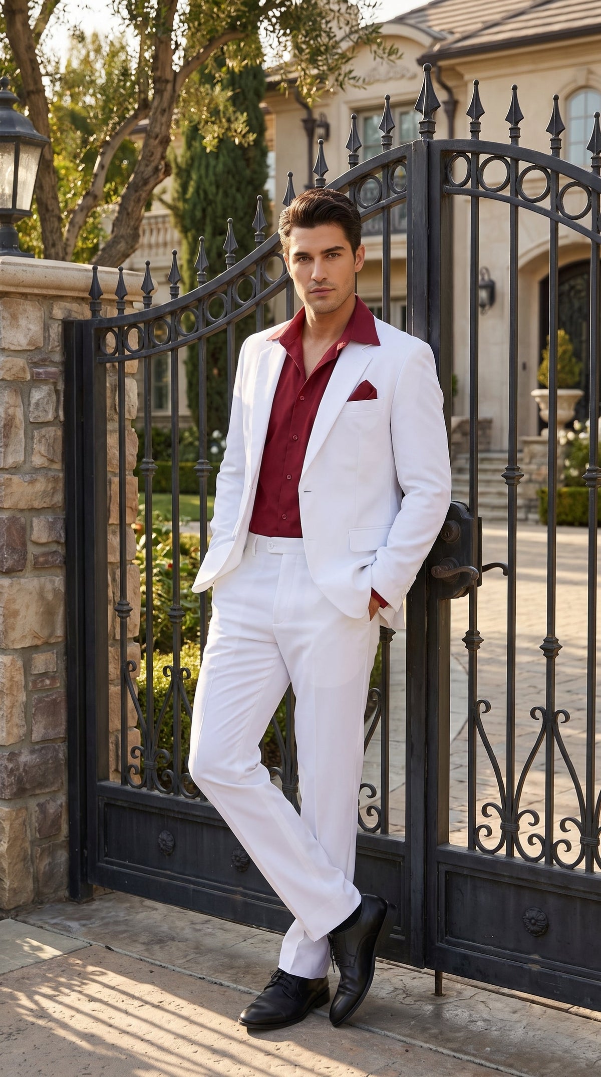 Men’s Tony Montana Scarface White Suit, Movie Inspired Costume Suit with Red Shirt