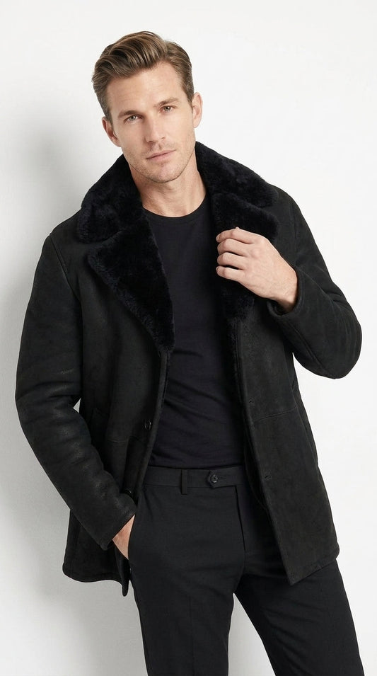 Men’s Black Shearling Jacket with Faux Fur Collar, Western Winter Coat for Casual Wear