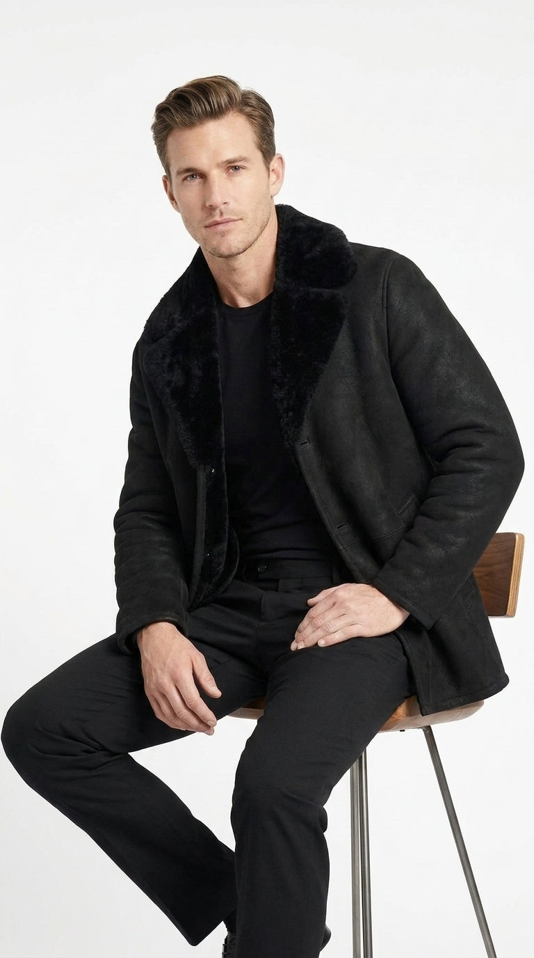 Men’s Black Shearling Jacket with Faux Fur Collar, Western Winter Coat for Casual Wear