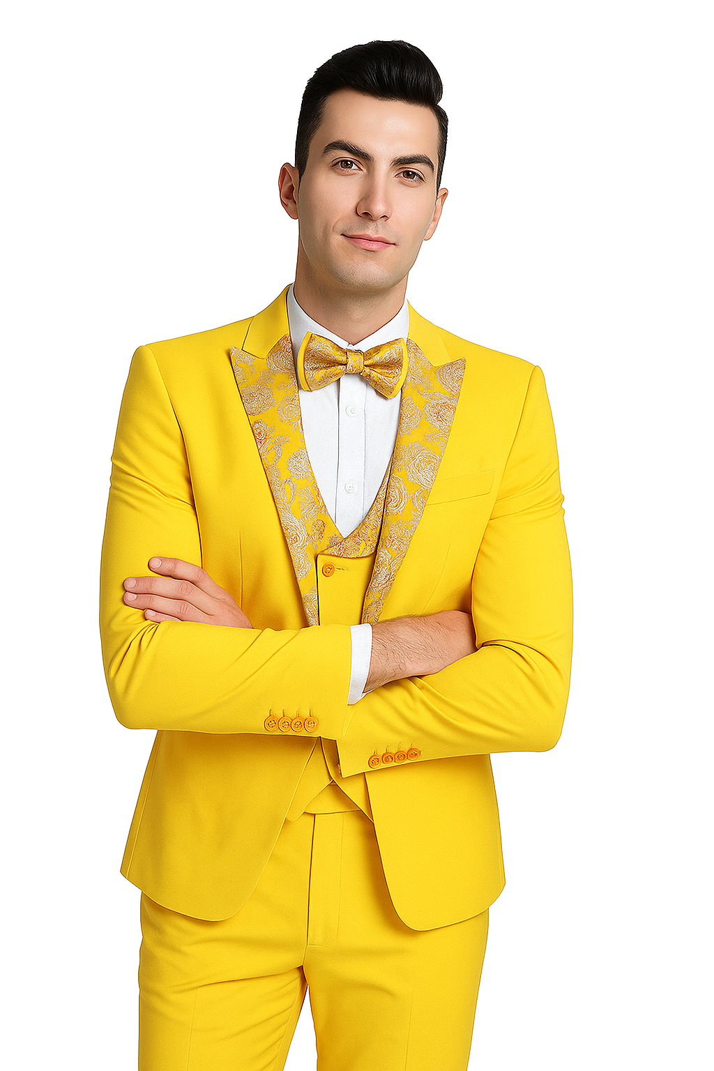 Radiant Golden Bloom Mens 3-Piece Suits with Floral Peak Lapel