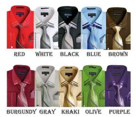 French Cuff With Tie And Handkerchief Style Multi-Color Men's Dress Shirt