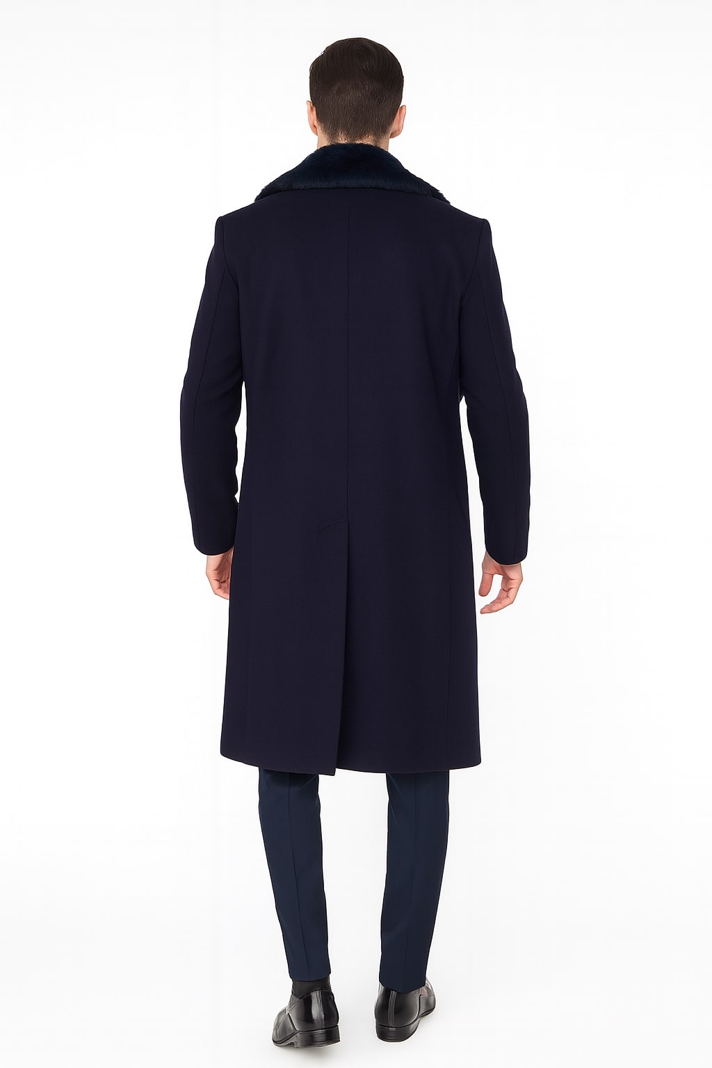 Mens Navy Blue Overcoat with Faux Fur Collar Luxury Long Winter Coat for Formal and Casual Wear Topcoat