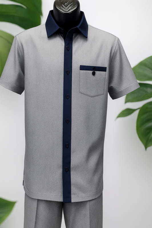 Mens Navy White Houndstooth Short Sleeve Walking Suit