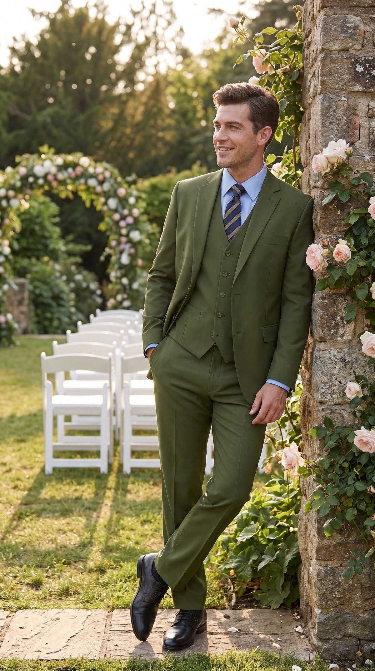 Men’s Olive Classic Fit 3 Piece Suit, Flat Front Vested Formal Wedding Business Suit