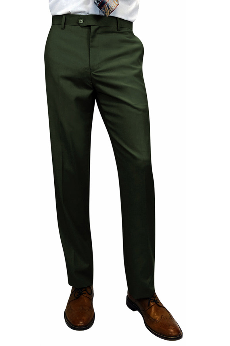 Men's 100% Wool Slim Fit Flat Front Dress Pant in Hunter Green