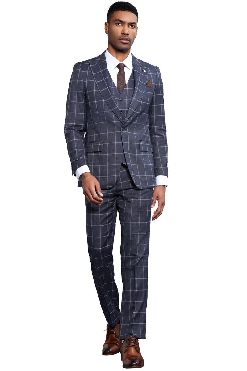 Men's Stacy Adams Classic One Button Vested Windowpane Suit in Charcoal Grey