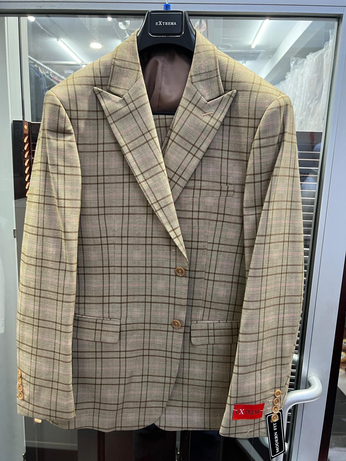 Men's Tan Plaid Blazer â€“ Windowpane Checkered Taupe Colar with Conservative burgunsih Pattern Mix Perfect For Business