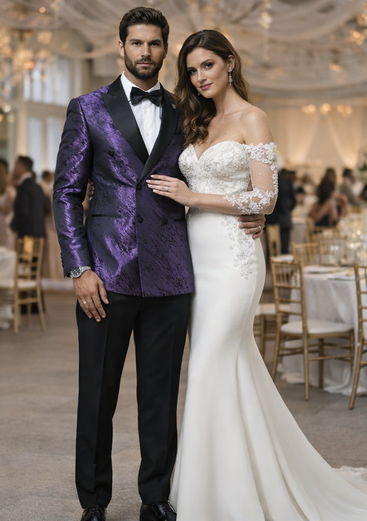 Mens Purple Jacquard Double-Breasted Tuxedo Jacket with Satin Peak Lapel
