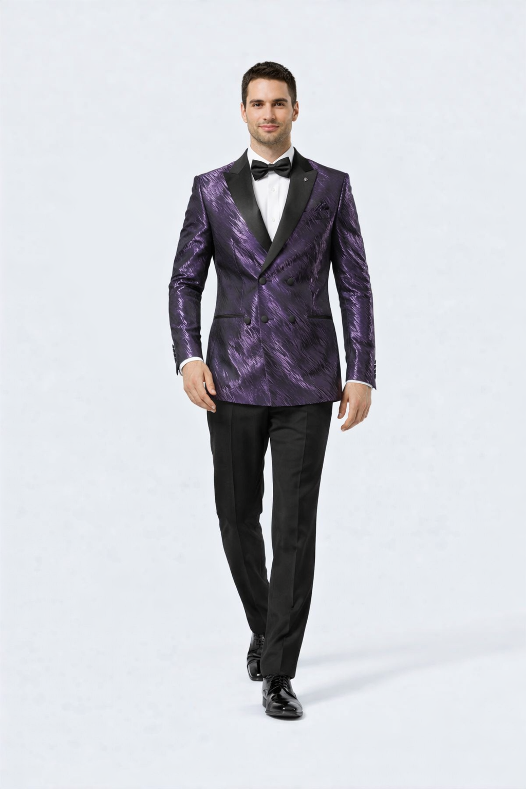 Mens Purple Jacquard Double-Breasted Tuxedo Jacket with Satin Peak Lapel
