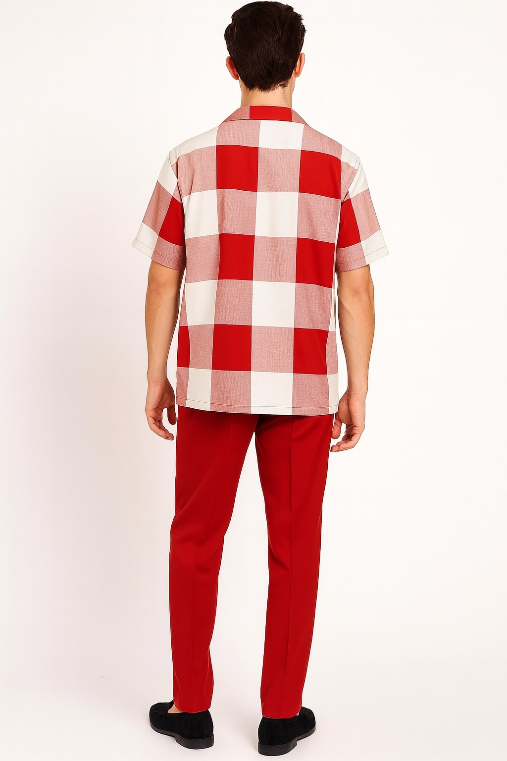 Mens Red and White Checkered Short Sleeve Shirt Set Casual Two-Piece Summer Outfit