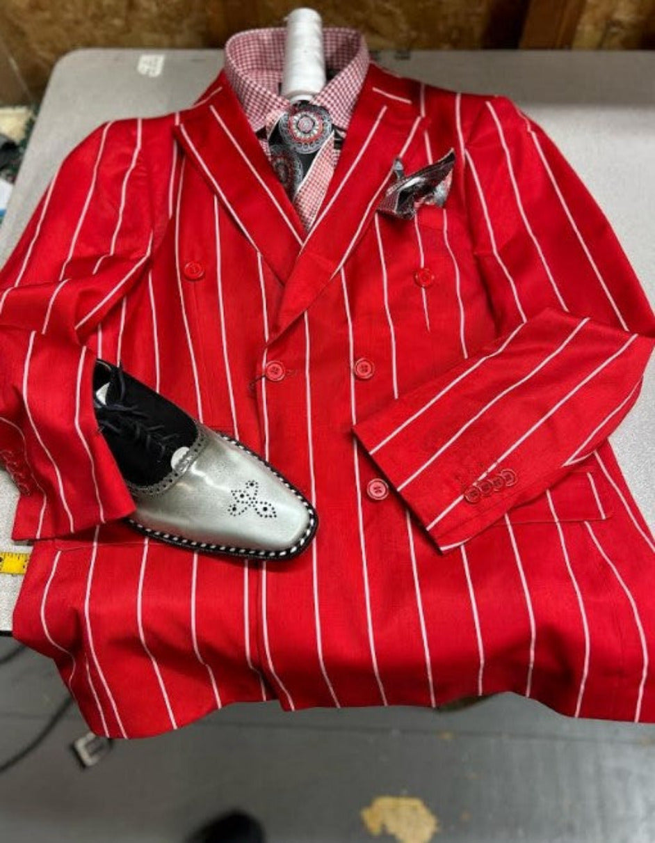 Mens Double Breasted Blazer Suit Jacket - Bold Pinstripe Sport Coat in Red and White Pinstripe