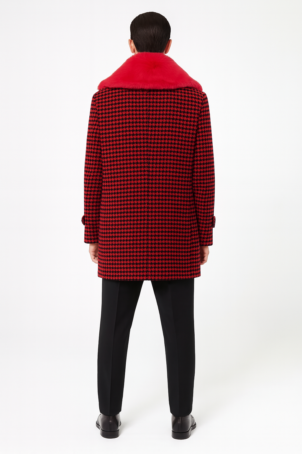 Mens Red and Black Houndstooth Overcoat with Faux Fur Shawl Collar Luxury Double-Breasted Winter Coat