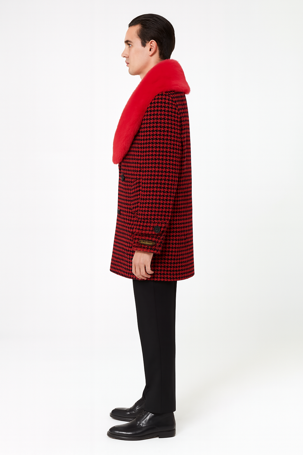 Mens Red and Black Houndstooth Overcoat with Faux Fur Shawl Collar Luxury Double-Breasted Winter Coat