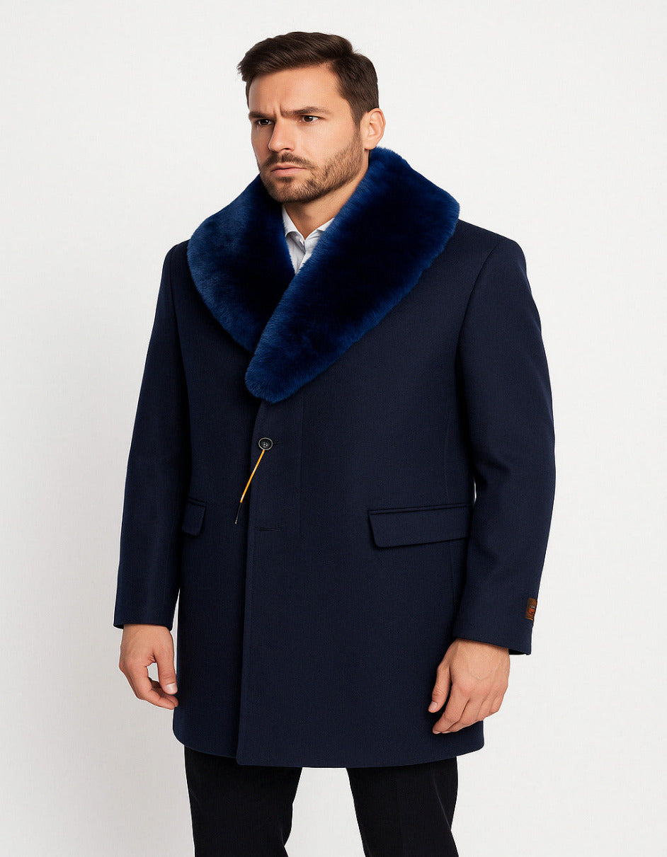 Mens Navy Wool Overcoat with Royal Blue Faux Fur Shawl Collar Cashmere Carcoat