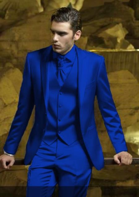 Mens 2 Button Shiny Blazer - Royal Blue Sateen Vested Suit - New Arrival