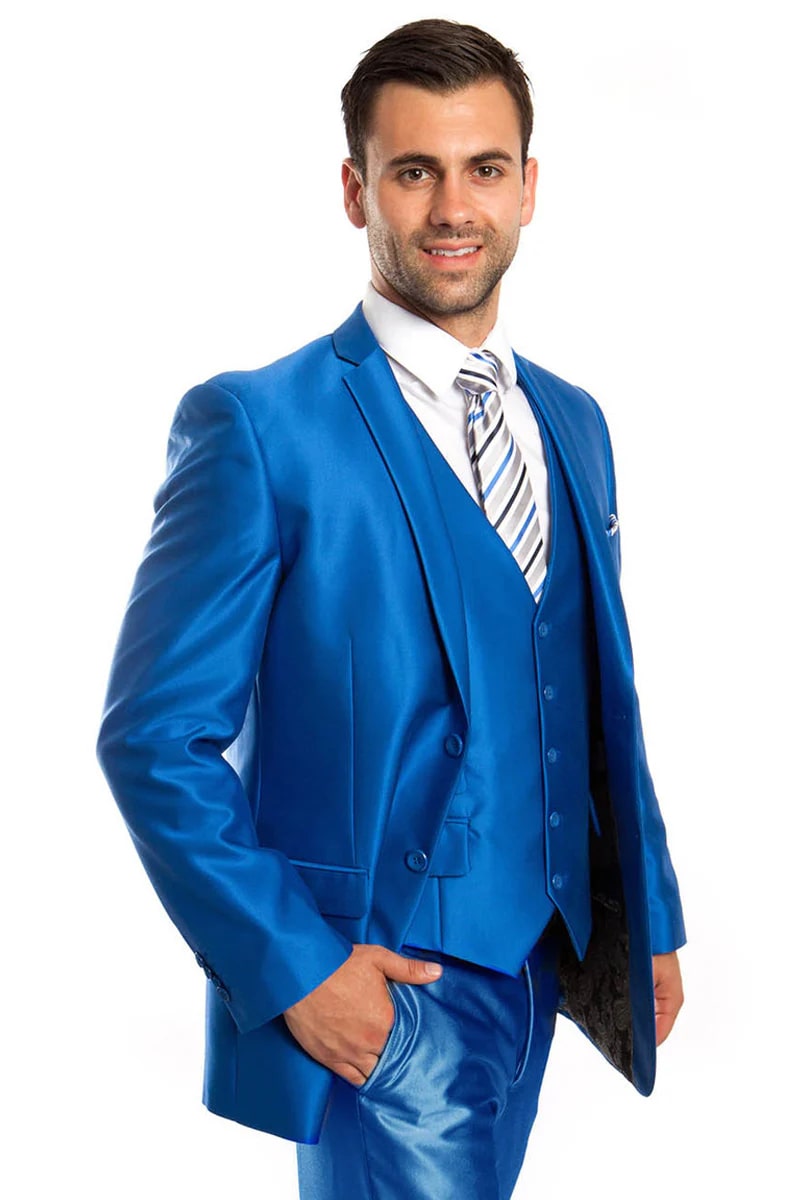 Mens 2 Button Shiny Blazer - Royal Blue Sateen Vested Suit - New Arrival