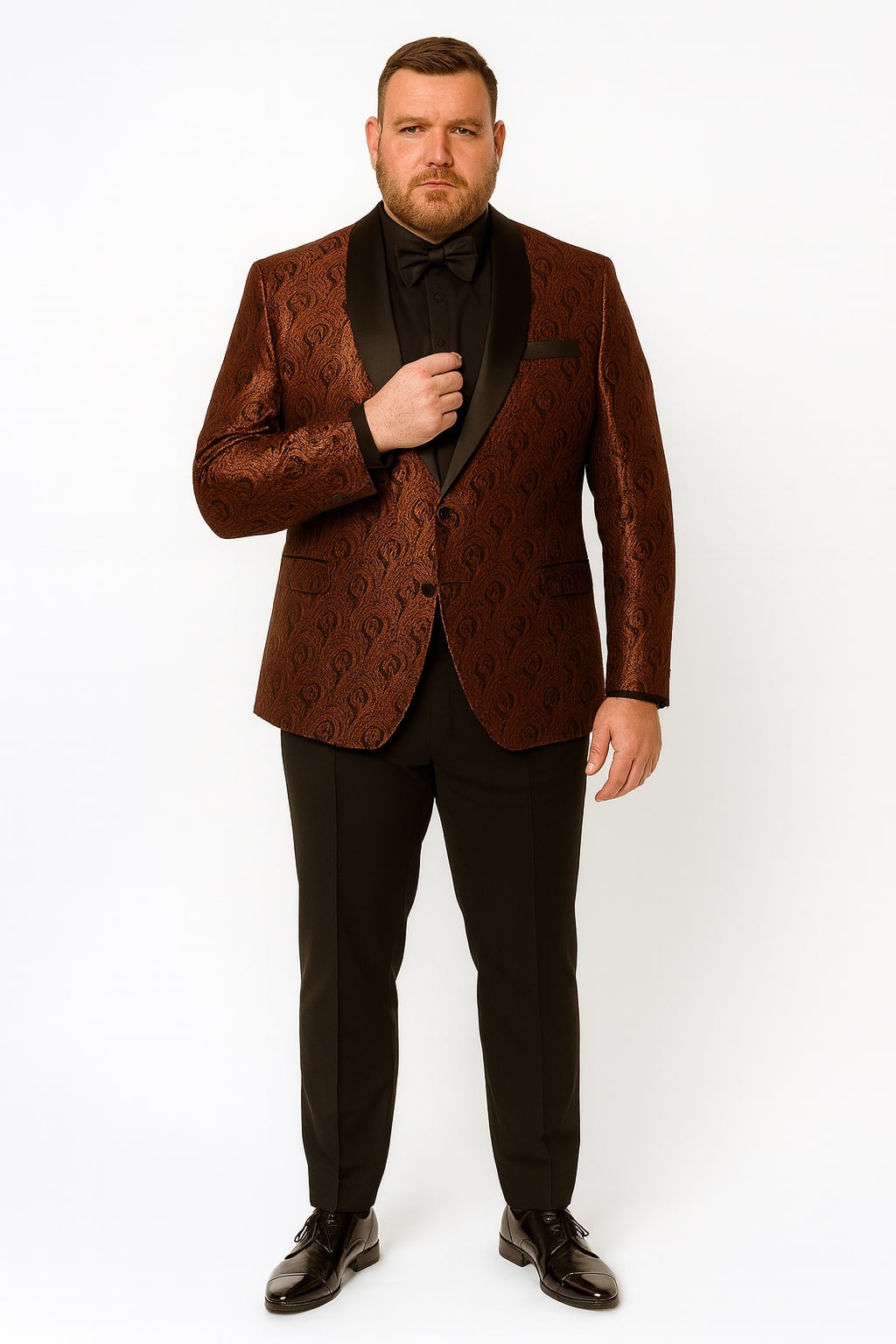Mens Rust Copper Brick Color Paisley Tuxedo Jacket  Dinner and Wedding Blazer With Black Pants Matching Bowtie